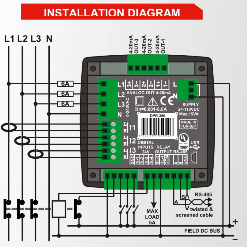 DATAKOM DPR-350 Network Analyzer with Multifunctional Protection Relay, 19-150VDC power supply