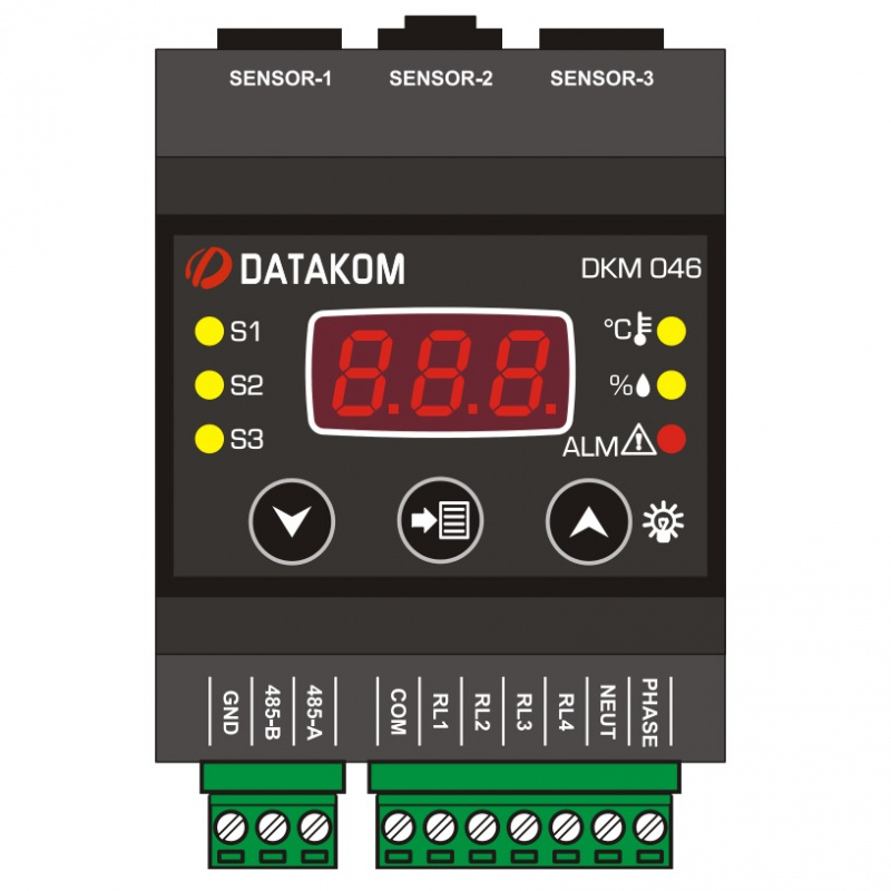 DATAKOM DKM-046 Temperature & Humidity Controller with display and relay outputs, AC power supply