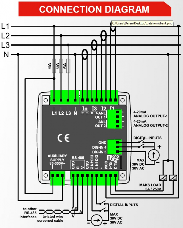 DATAKOM DKM-409-PRO Analyser, 96x96mm, 2.9” LCD, RS485, USB/Device, micro-SD, 2x4/20mA out, 4-inputs, 2-outputs (AC power supply)