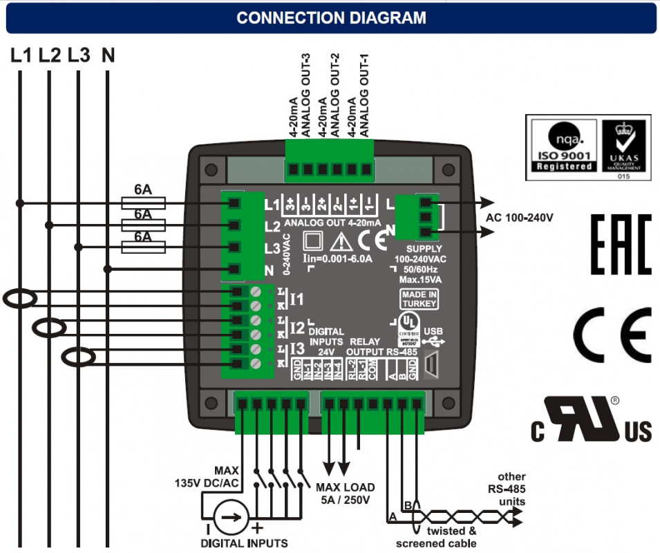 DATAKOM DKM-409-PRO-AT analyser, 96x96mm, 2.9” LCD, RS485, USB/Device, 3x4/20mA out, 4-input, 2-output, AC power supply
