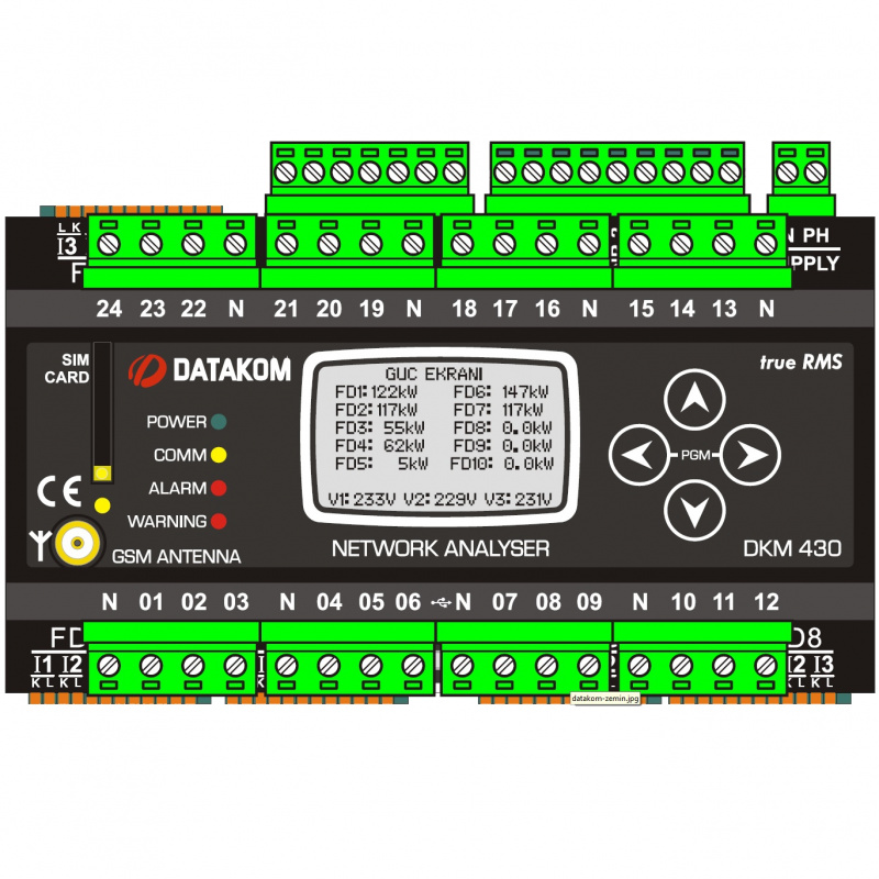 DATAKOM DKM-430-PRO multiple analyser, 30 CT inputs, 24 fuse inputs, 1.9” LCD, RS-485, USB/Device, 2-inputs, 2-outputs, AC power supply
